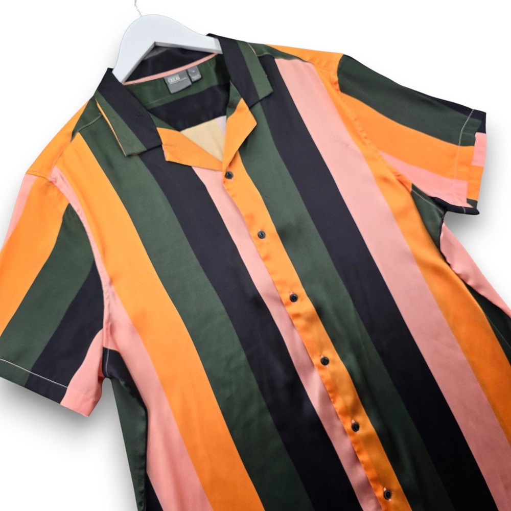ASOS Mens XL Short Sleeve Button Up Shirt Orange Green Striped Polyester Satin